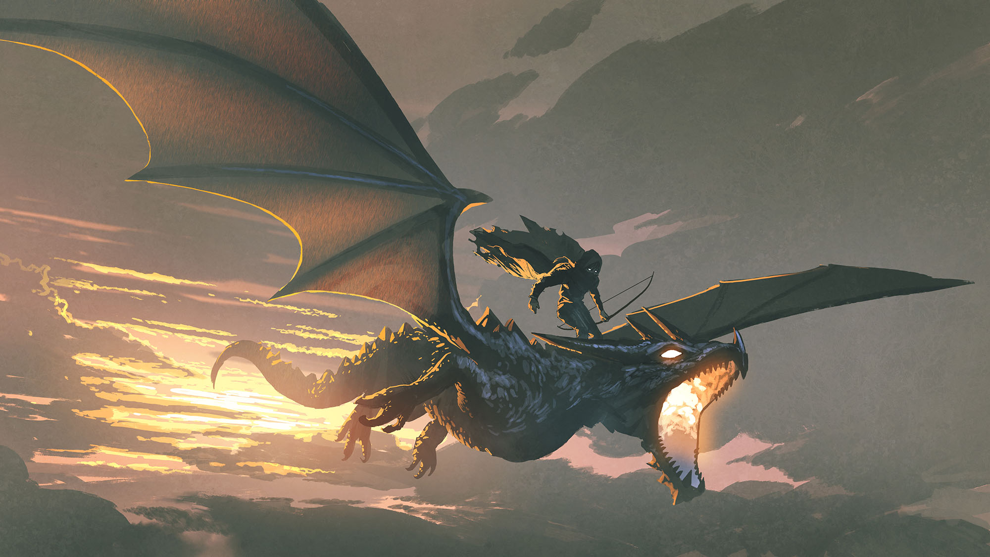 Black Knight Riding a Dragon at Sunset - Tithi Luadthong