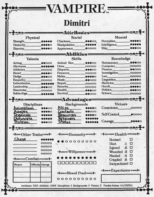 Vampire: The Masquerade character sheet for Dimitri (The Succubus Club).