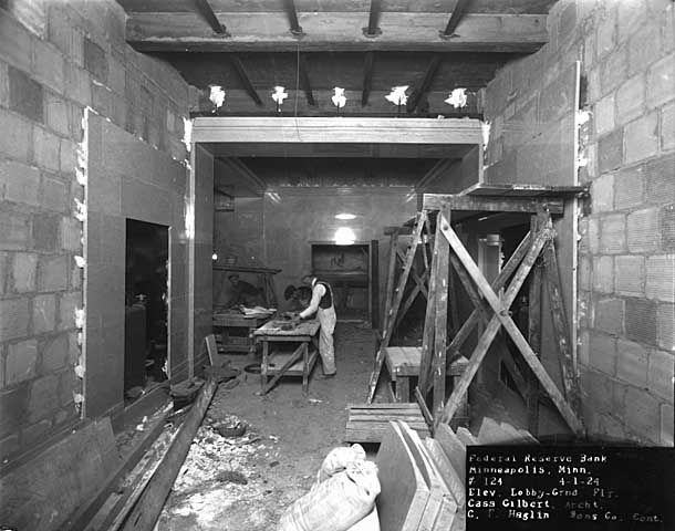 Construction of elevator lobby ground floor, Federal Reserve Bank, Minneapolis, MN (1924) - Minnesota Historical Society
