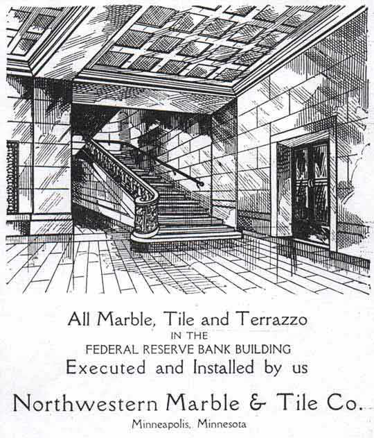 Northwestern Marble & Tile Co., flyer featuring All Marble, Tile, and Terazzo in the Federal Reserve Bank Building, Minneapolis, MN.