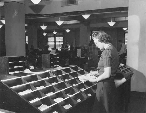 Interior view, Federal Reserve Bank, Minneapolis (Mail Sorting) (1940) - Minnesota Historical Society