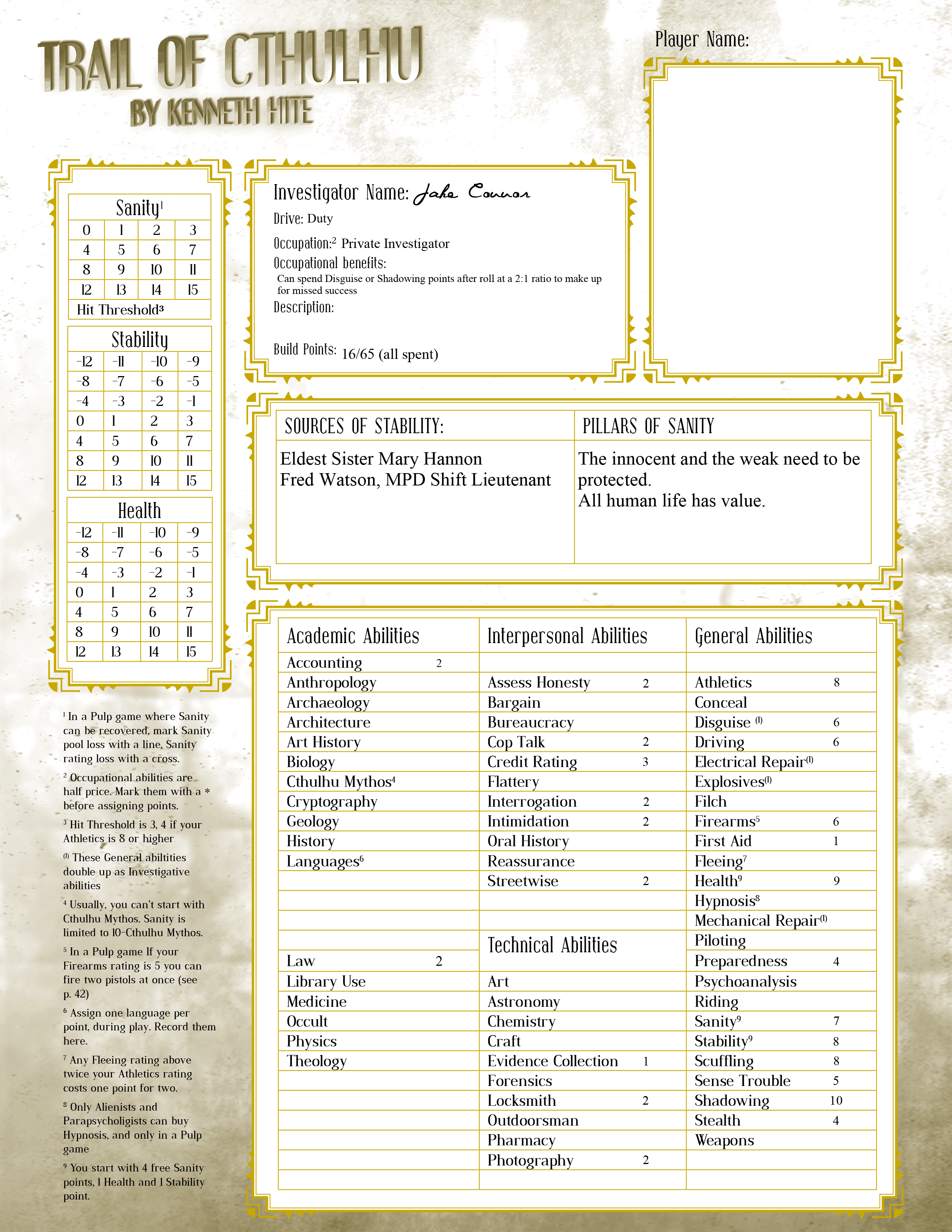 Trail of Cthulhu Character Sheet