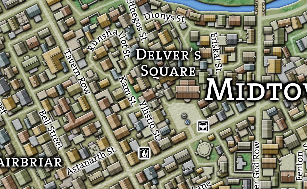 Map of Delver's Square & Tavern Row - Ptolus (Monte Cook Games)