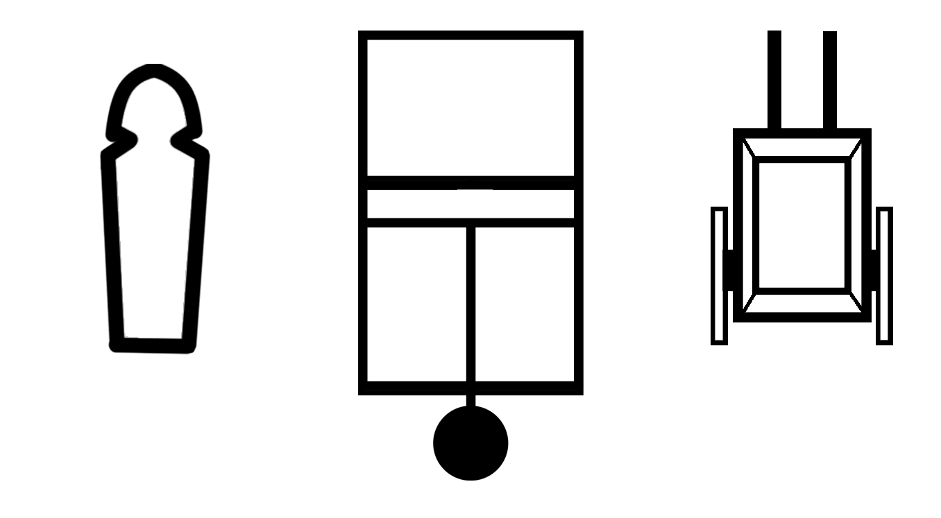 Map symbols for sarcophagus, catapult, cart.
