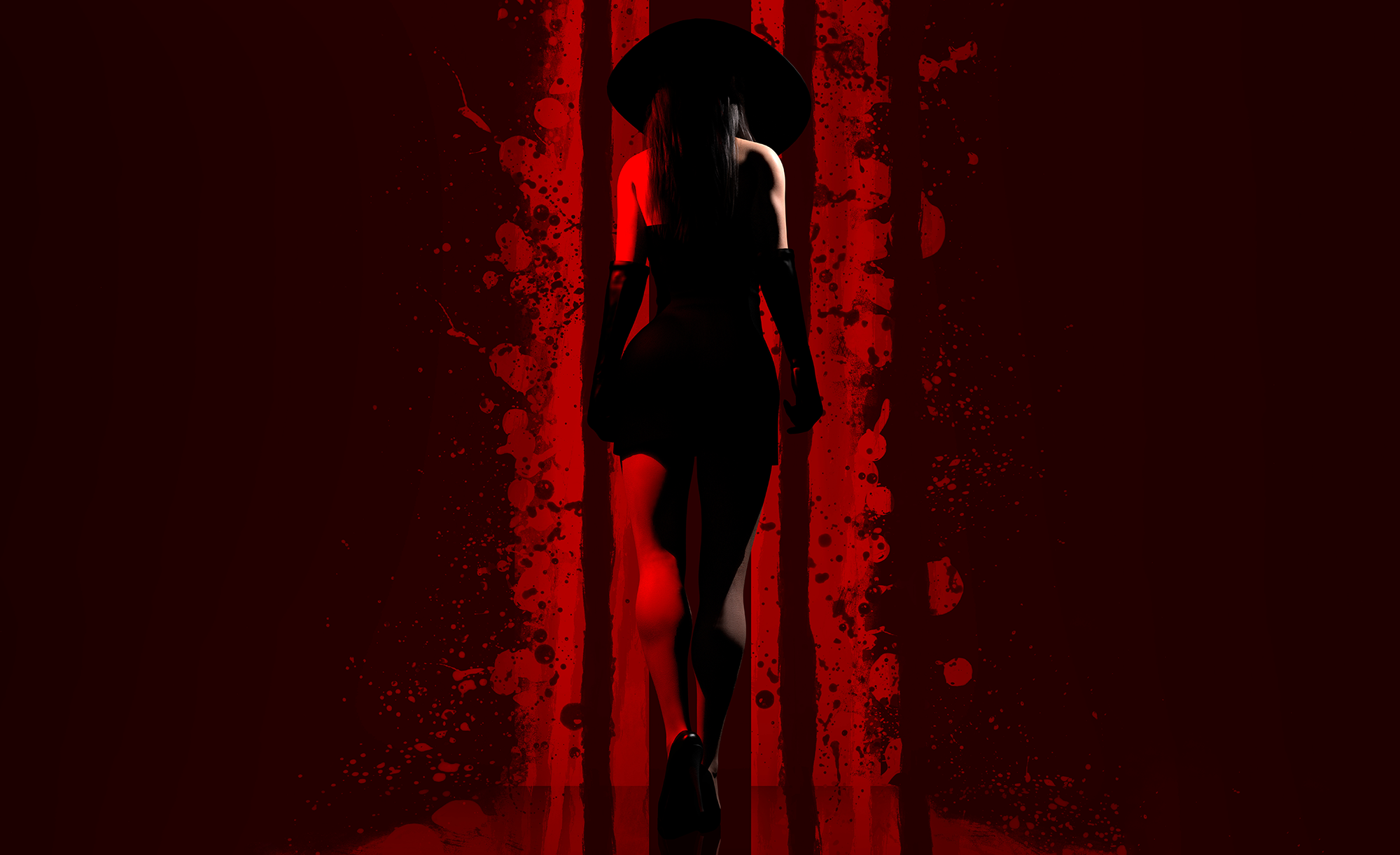 A female vampire spy walks away from the viewer; the image drenched in the red of blood.