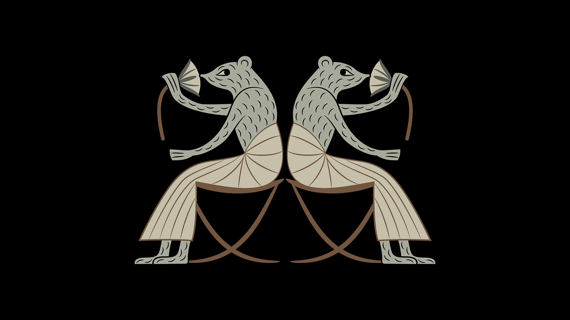 Two rats sitting on chairs, eyeing each other suspiciously. In the style of Ancient Egyptian art.