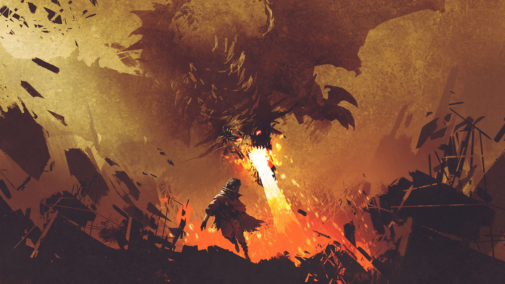 Dragon pursuing a fleeing figure, its fiery breath destroying the landscape.