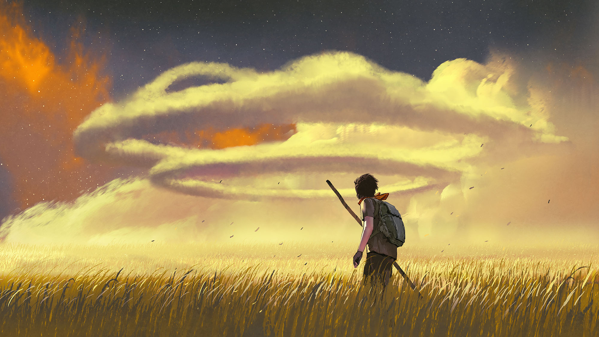 Young man walking through a meadow with magical clouds (Artist: grandfailure)