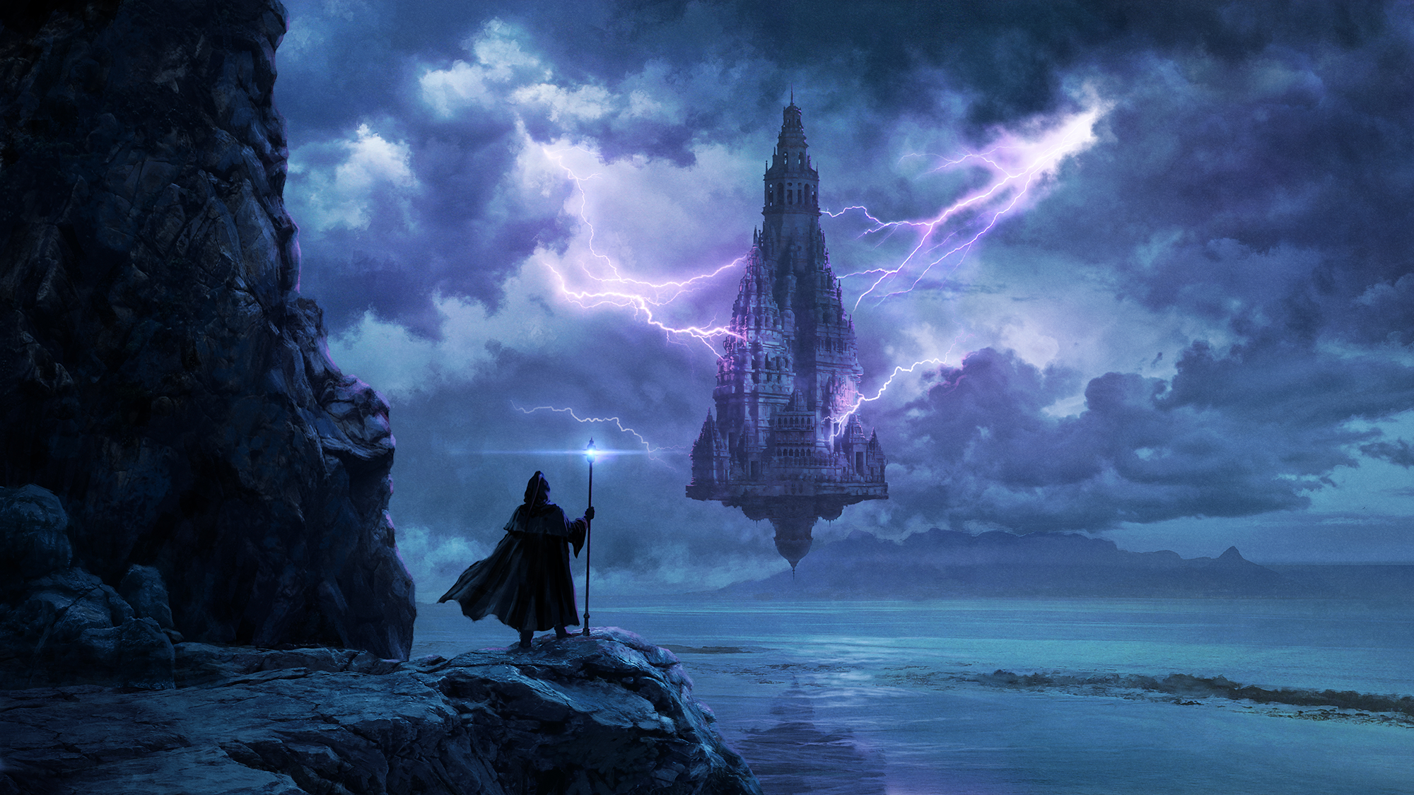 Wizard gazing at a floating tower wreathed in purple lightning (Artist: T Studio)