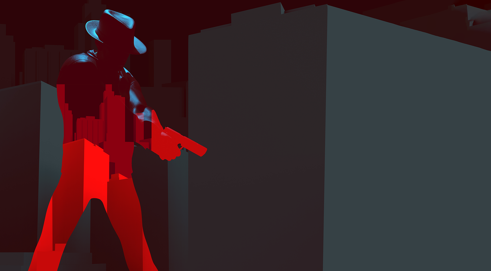 Noir detective as a red silhouette in front of gray buildings (artist: breakermaximus)