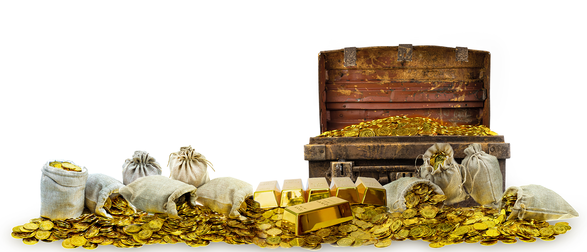 Treasure chest and bags filled with gold coins and gold bars