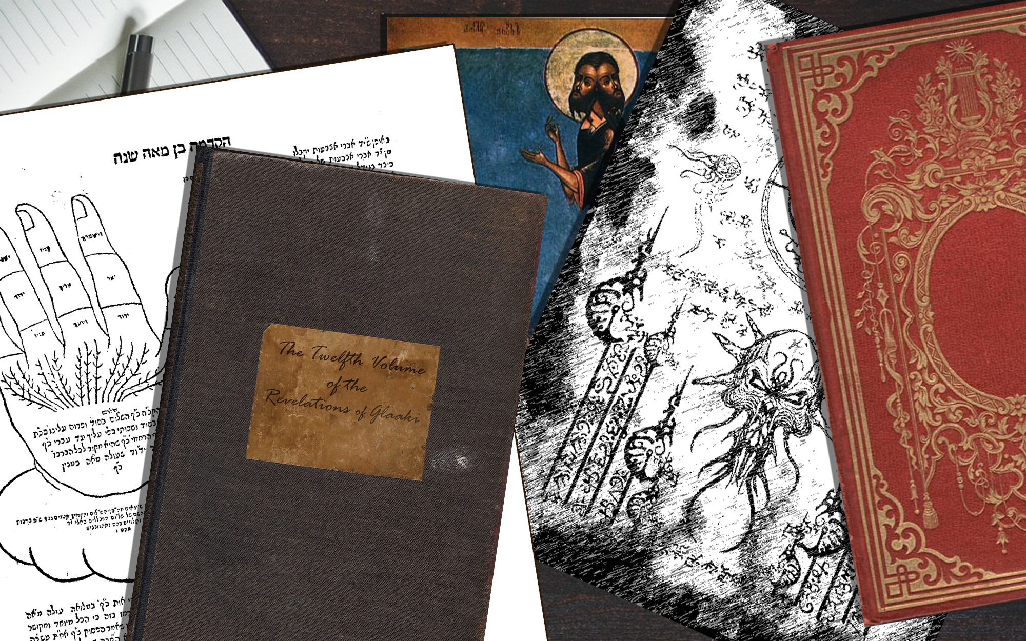 Table covered in Mythos tomes and strange images, including the Revelations of Glaaki