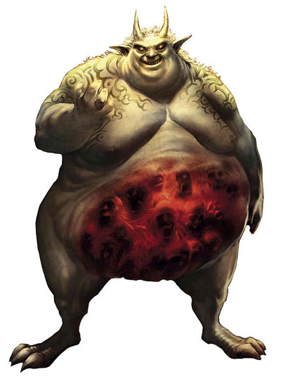 Zaug Soulharvesters (Solamith from Monster Manual V); a bloated demon with faces pressing out from his enflamed, distended stomach