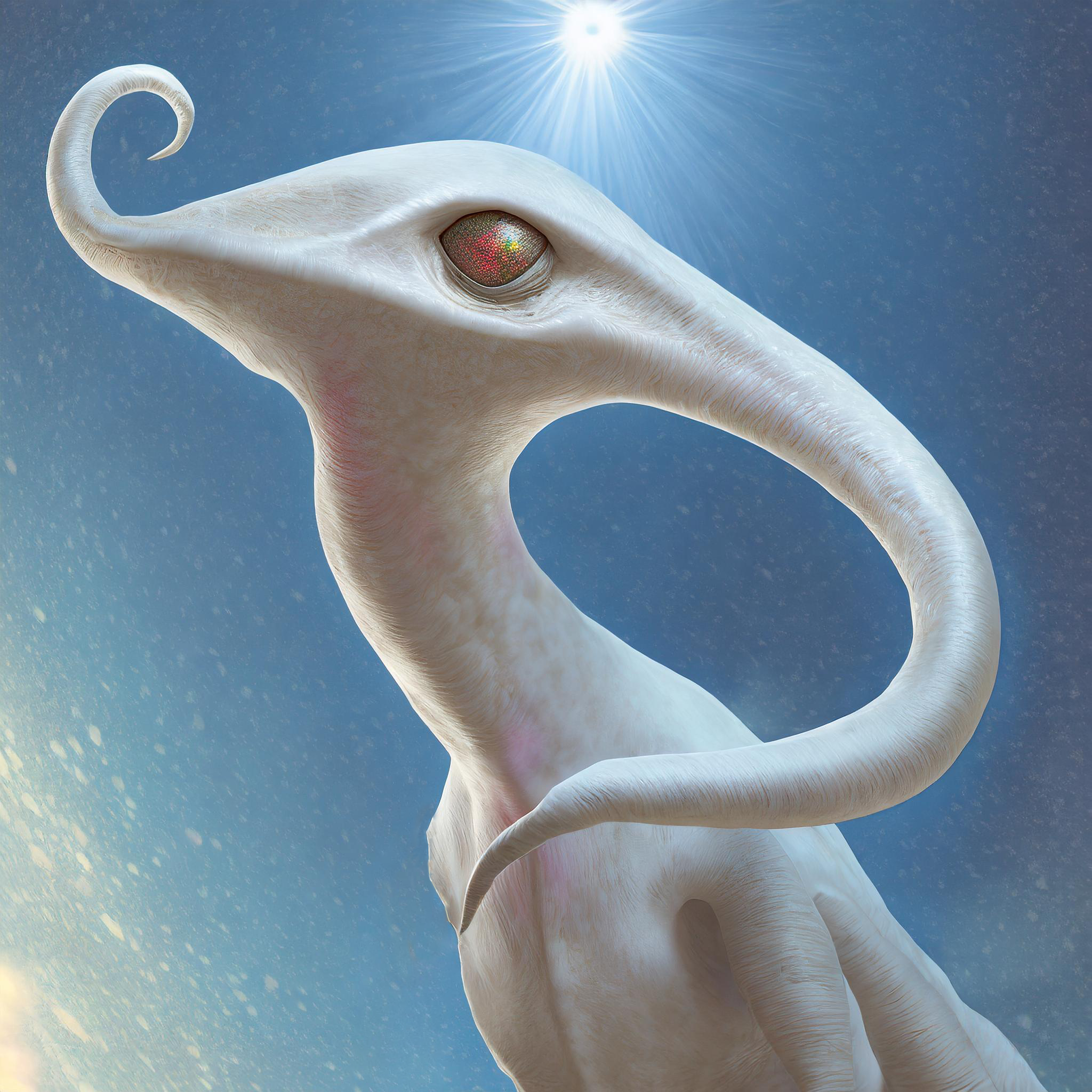 milk-white alien creature with a elonged proboscis/snout