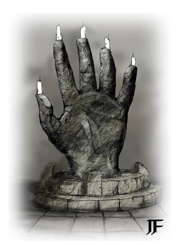 A massive idol statue depicting a hand in black stone. Each digit of hte hand topped by a burning candle set into niches in the fingertips. (Ptolus - Monte Cook Games)