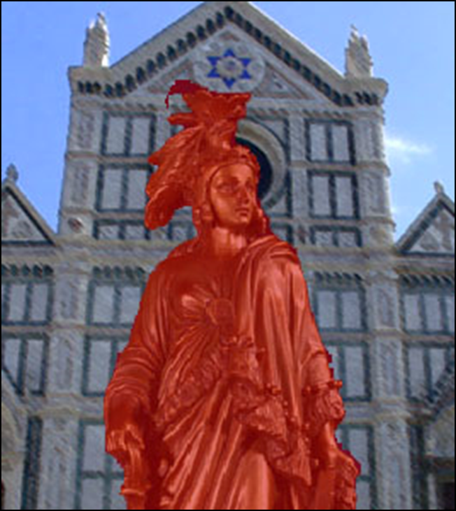 Picture of a red statue of a woman standing in front of a building of white marble with inlaid blue lapis lazuli.