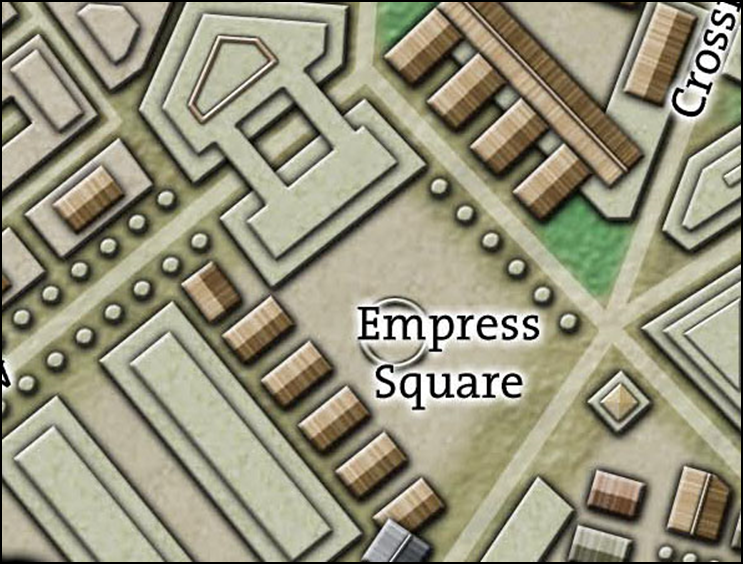 Excerpt from a map of a fantasy city. A large open square with a statue in the middle of it is labeled Empress Square