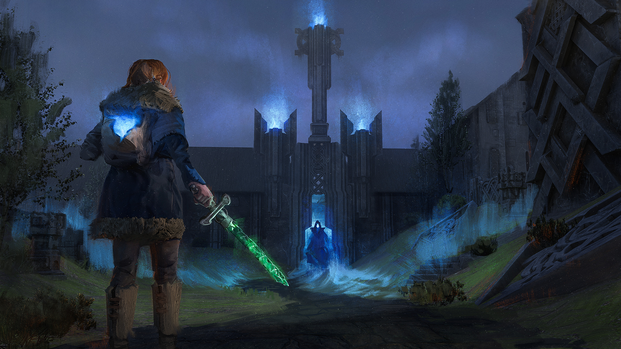 Fantasy scene. A woman stands facing a strange, sepulchral structure limned in blue light. She carries a glowing green sword. Her backpack glows with the same blue light.