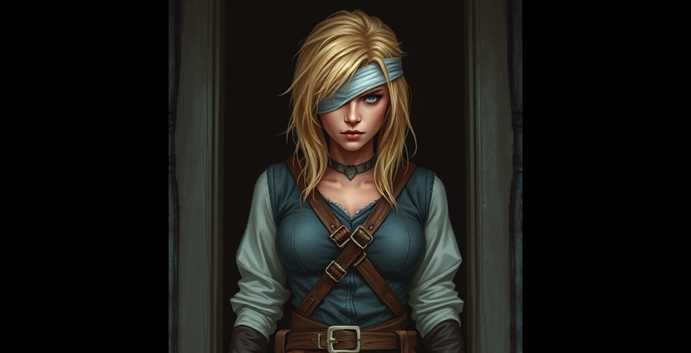 Arveth, a blond-haired rogue with a bandage over one eye, stands threateningly in a doorway