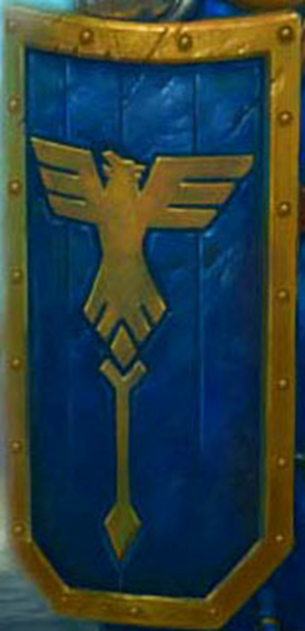 Tower shield bearing the gold-on-blue crest of the Ptolus city watch (an eagle atop a staff)