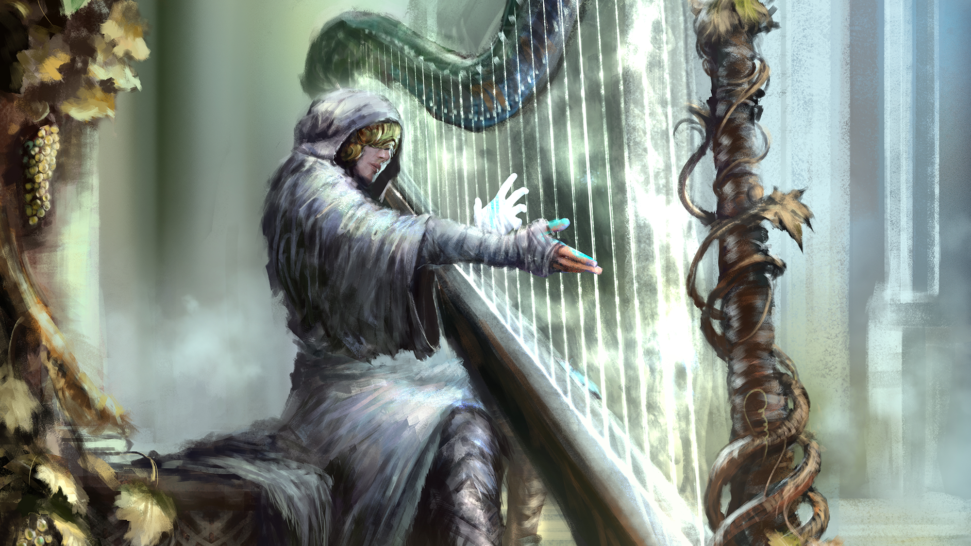 Bard playing on a large harp - Kalleek