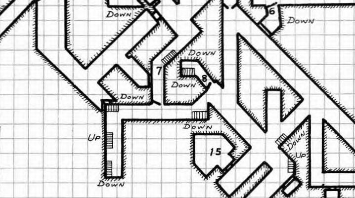 A map of a dungeon, depicting a maze of tightly interwoven corridors including 10 different staircases in close proximity to each other.