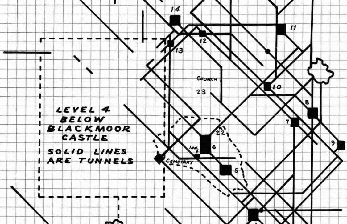 A map showing the location of the Level 4 Blackmoor Dungeon map as an inset with dotted lines, connecting to a network of black lines links to numbered areas.