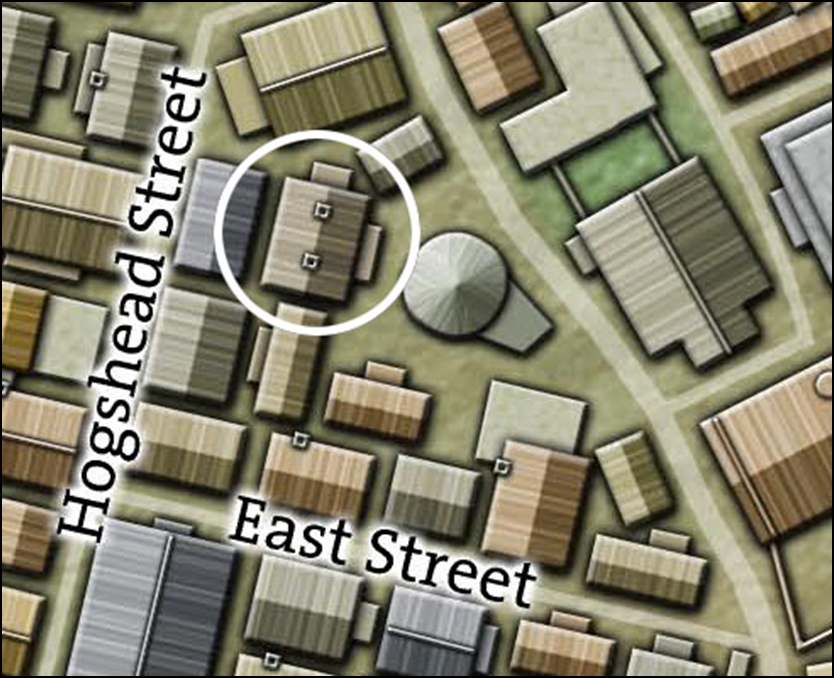 Detail map of Ptolus, showing the location of Porphyry House between Hogshead Street, East Street, and the Old Sea Road