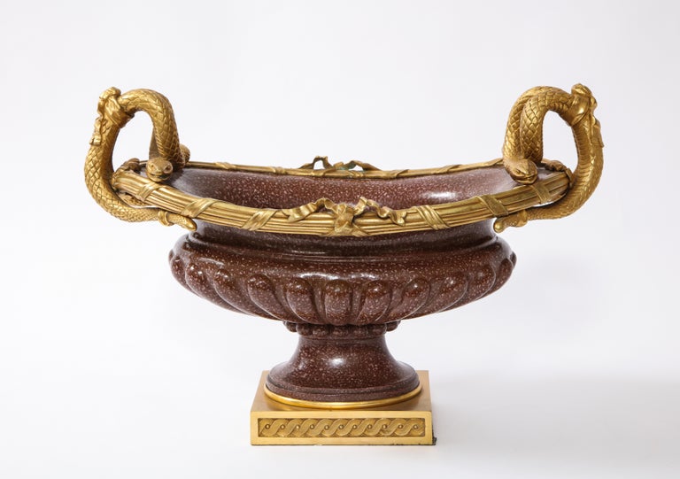 19th century French porphyry bowl with bronze snake handles