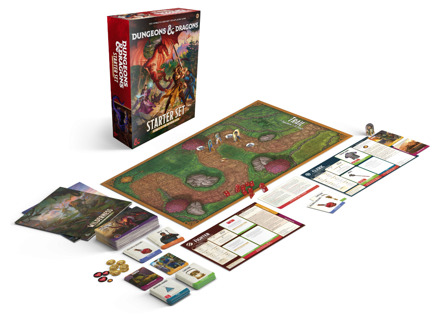 Heroes of the Borderland, components on a table, including cards, player mats, adventure booklets, and one of the included poster maps
