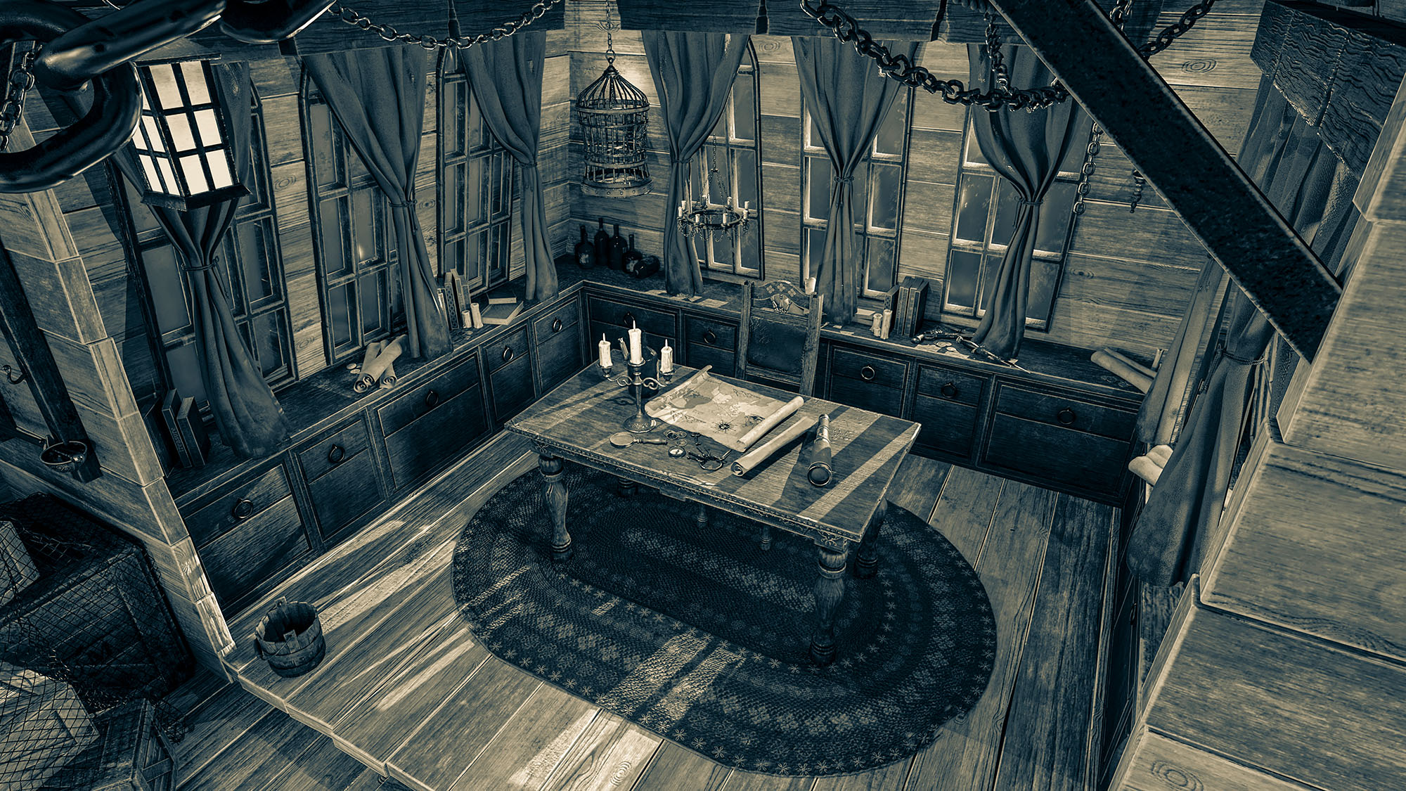 Captain's Quarters - a desk with papers, telescope, and other accoutrements arranged