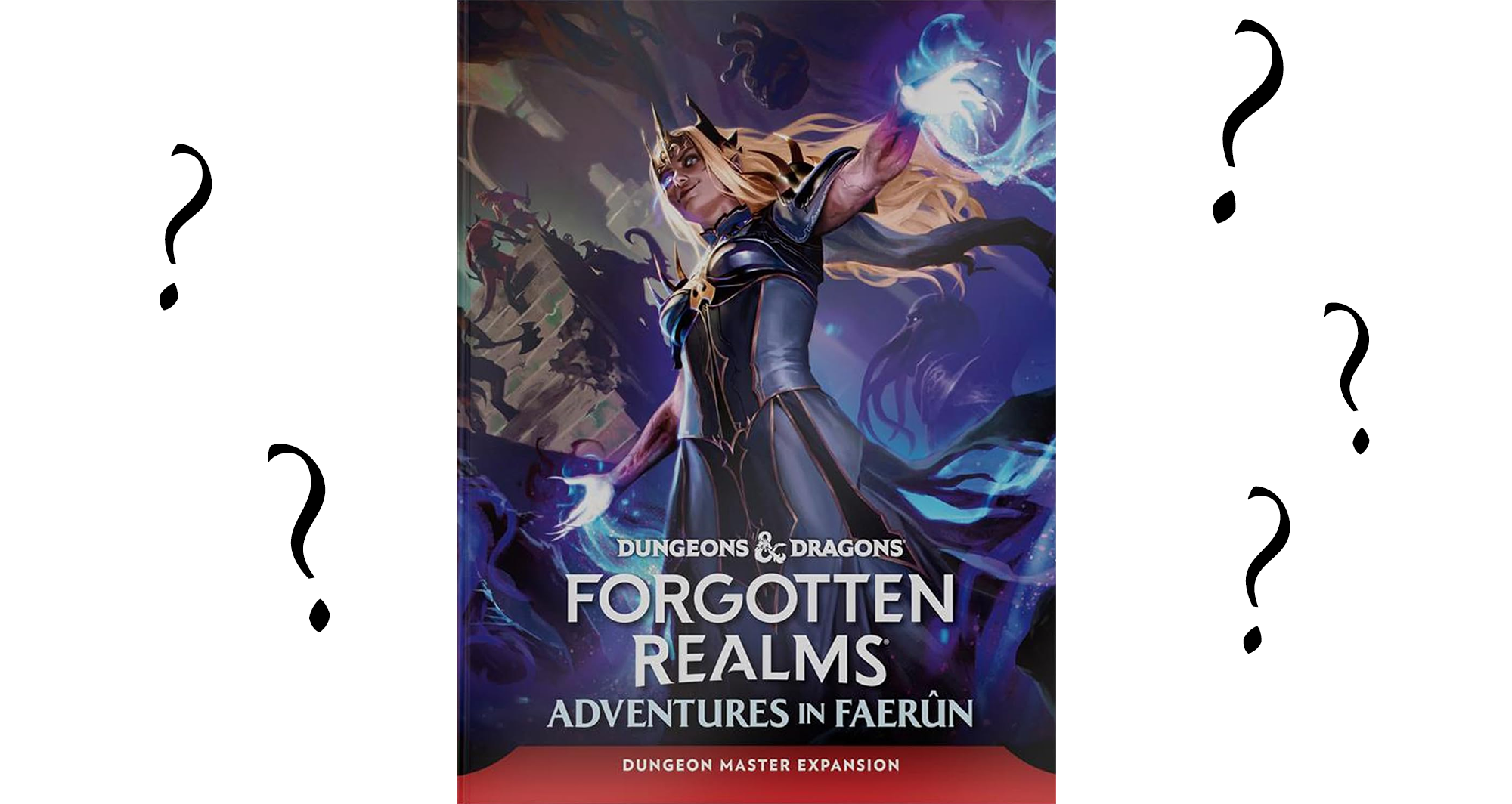 Cover of Forgotten Realms: Adventures in Faerun, surrounded by question marks