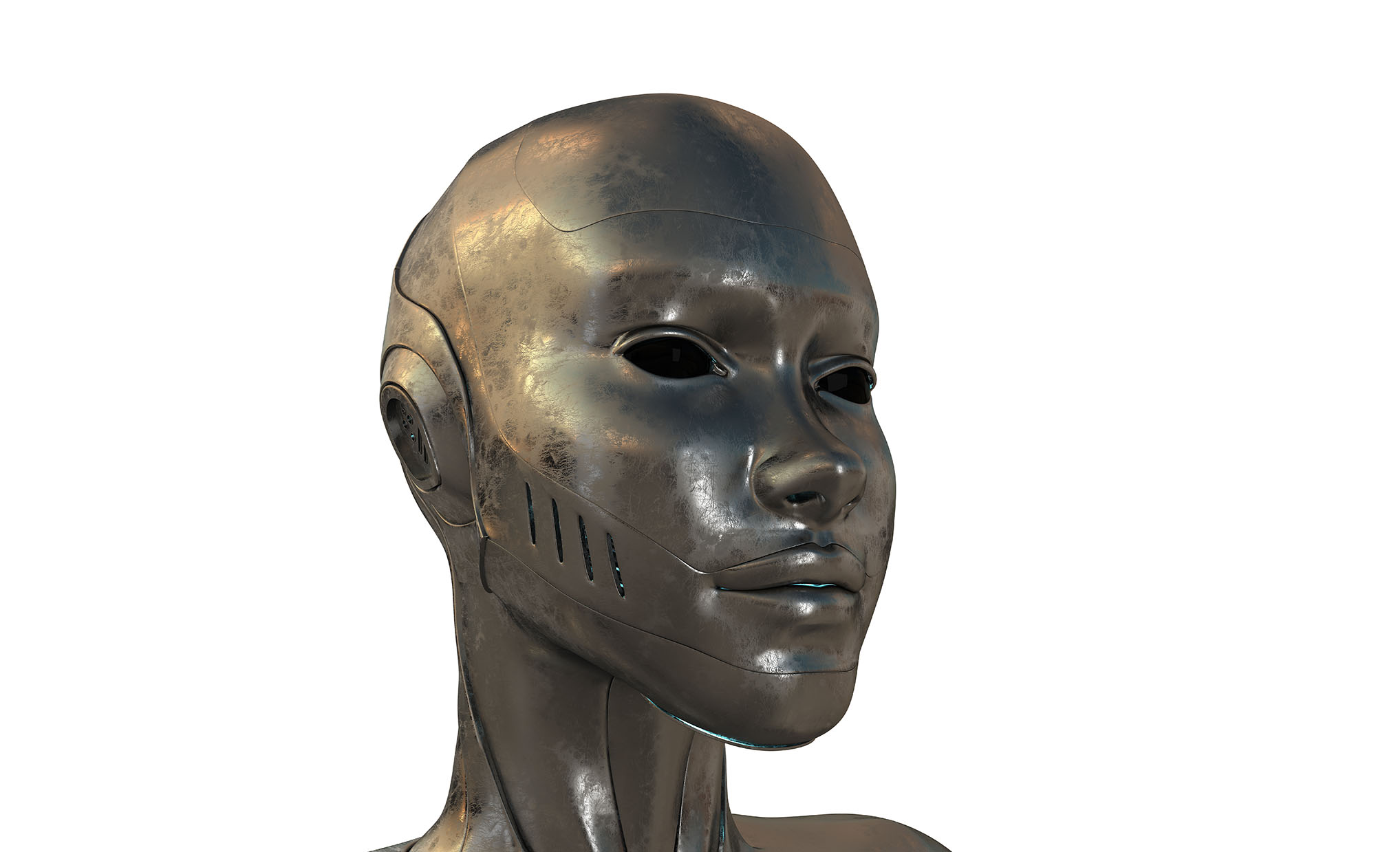 Hollow iron head depicting a feminine form.